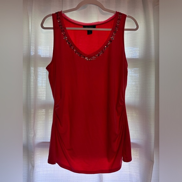 WHBM coral pink tank w/ rhinestone detail, ruched side detail, raw edge - Picture 1 of 2